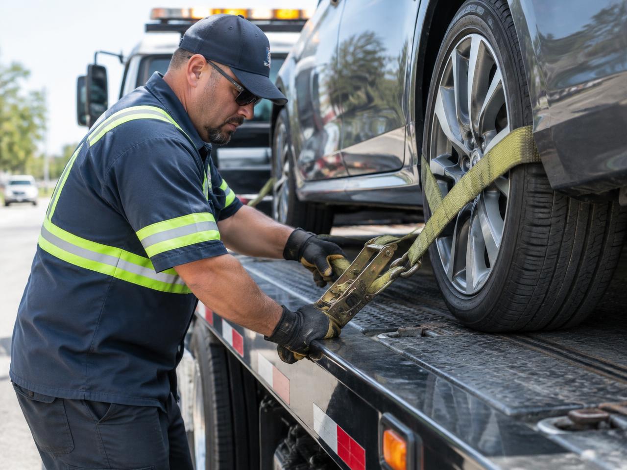 City Towing operator securing a vehicle onto a flatbed tow truck
