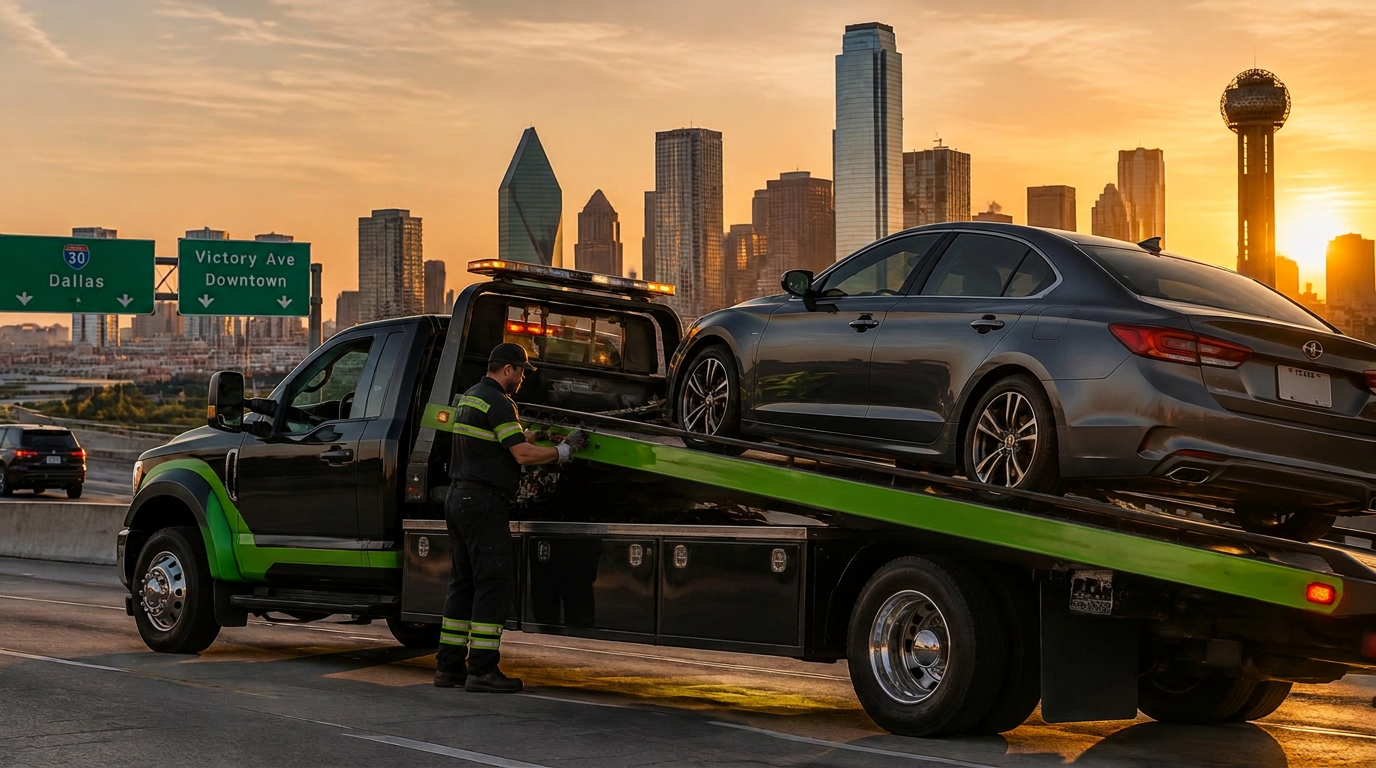 City Towing flatbed tow truck loading a car with the Dallas skyline behind