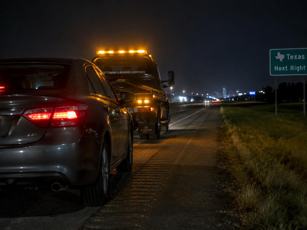 Tow truck assisting a stranded car on a Texas highway at night